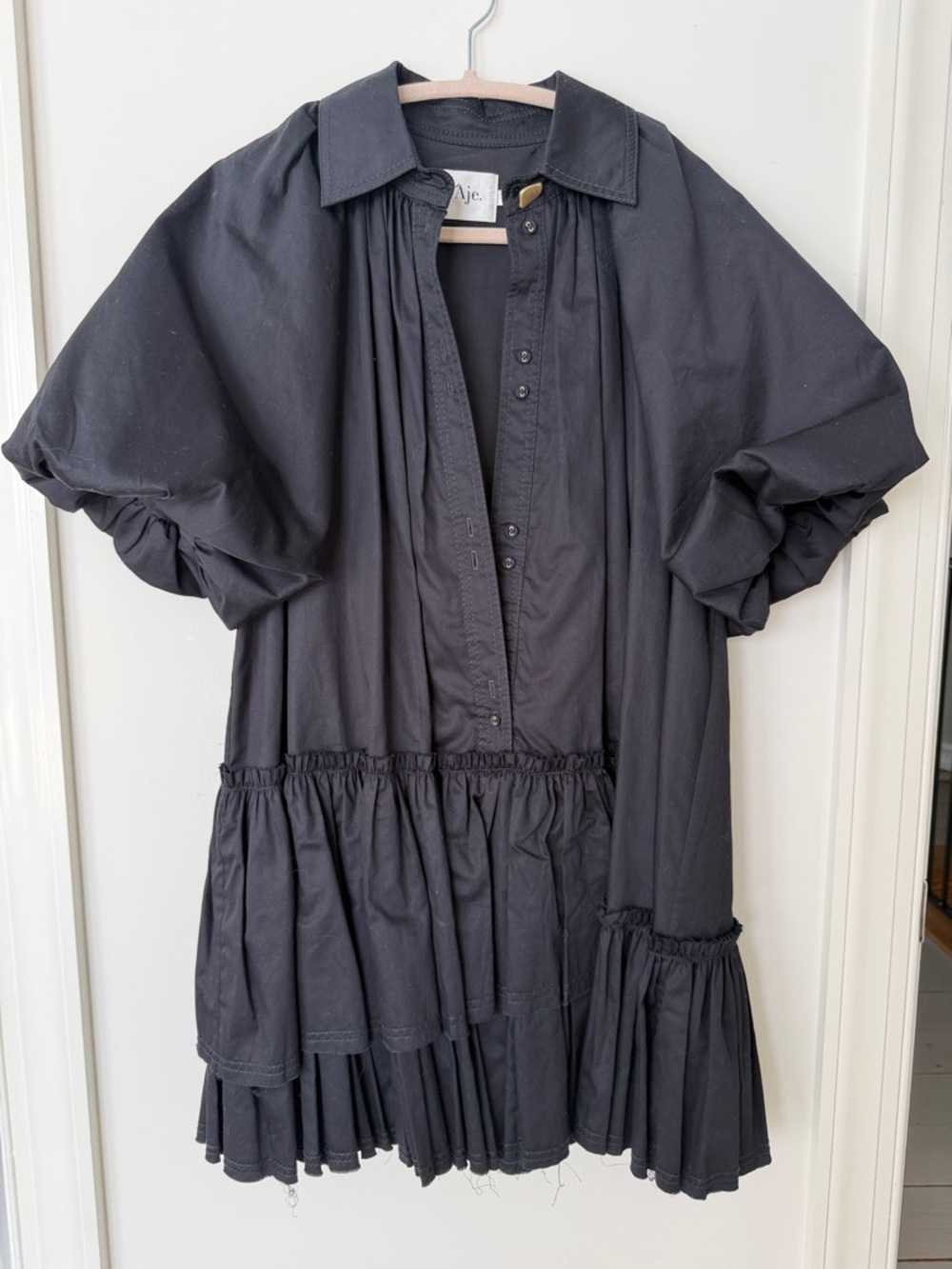 Aje Black Tiered Puff-Sleeve Shirt Dress